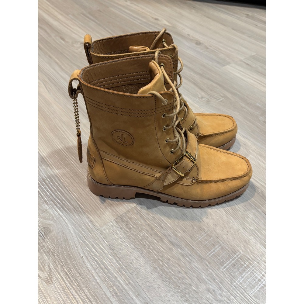 Lauren Ralph Lauren Zera Leather Combat Boots Tan Wheat Buckle Moc Toe 8.5B
